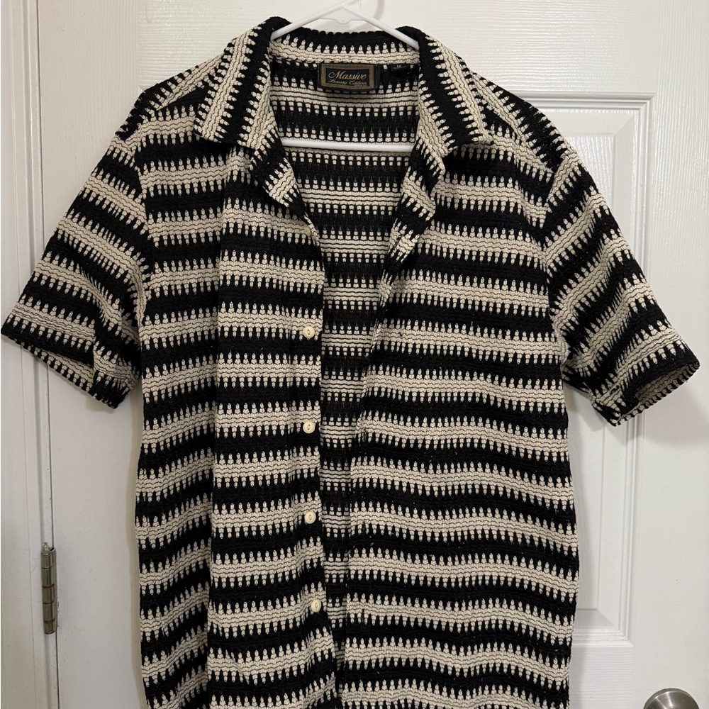 Black and White Button Down Shirt with Bold Stripes